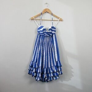 Betsey Johnson Halter Ruffle Dress 2 Blue Stripe VTG y2k Silk Babydoll 230